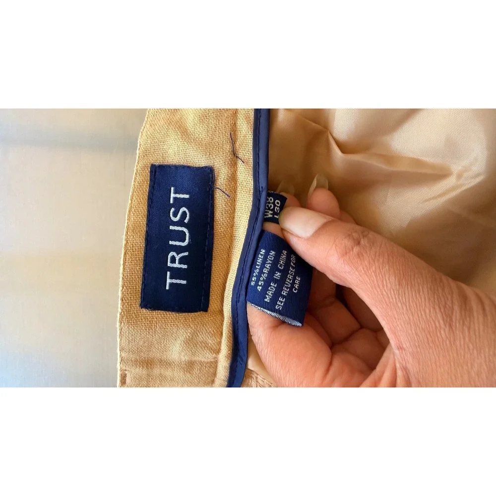 Vintage Trust Mens Pleated Linen Blend TrousersTan Cuffed Straight Leg 38x30